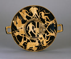 <p>Kodros Painter: Attic red-figure kylix - Deeds of Theseus Cup, Greek, c. 440-430 BCE</p>