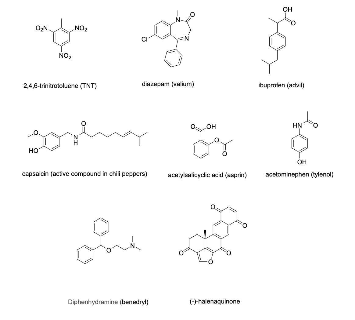 <p>circle at least one appropriate functional group that we learned in class would give a signal in an IR spectrum (excluding C-H stretches) and provide an approximate location for the signal in cm-1 for the following compounds:</p>