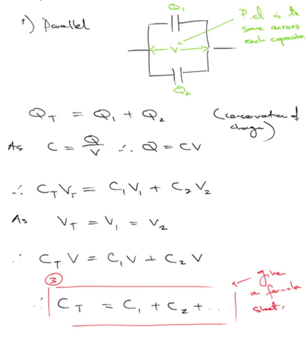 <p>in parallel, potential difference is constant</p><p>Q = Q1 + Q2...</p>