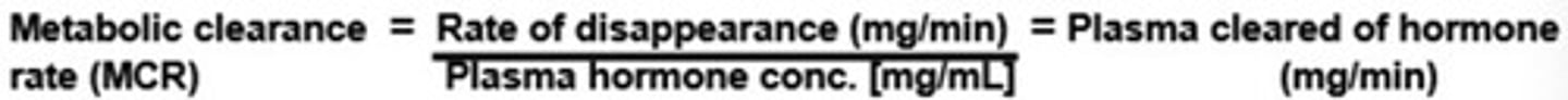 <p>[rate of disappearance] / [plasma hormone concentration] </p><p>= plasma clearance (mg / min)</p>