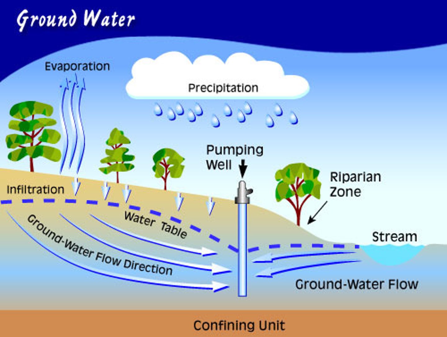 <p>Precipitation that seeps into the ground and is stored in tiny holes, or pores, in soil and rocks.</p>