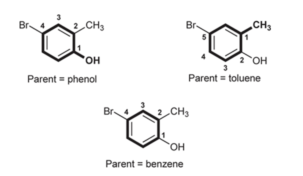 <p>This gives the following three possible names:</p><ol><li><p>4-bromo-2-methylphenol</p></li><li><p>5-bromo-2-hydroxytoluene</p></li><li><p>4-bromo-1-hydroxy-2-methylbenzene</p></li></ol><p></p>