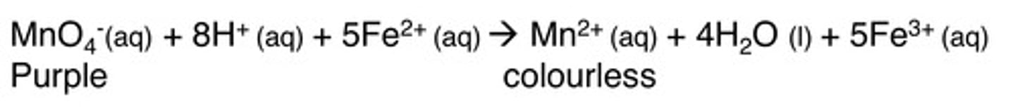 <p>MnO₄⁻ + 8H⁺+ 5Fe²⁺ -> Mn²⁺ +4H₂O + 5Fe³⁺</p>