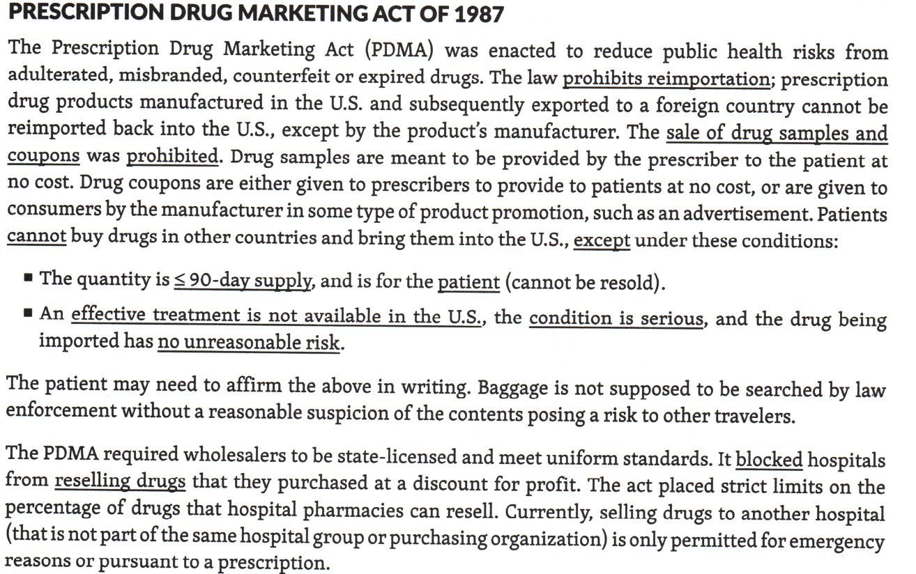 <p>Required states to license prescription drug wholesalers</p><p><strong>Specifically limits the re-importation of drug products that were previously exported by a pharmaceutical manufacturer</strong></p><p><strong>Prohibits sale of drug samples by pharmacies and coupons nor the resale of drugs by hospitals</strong></p><p><strong>Ensure <u>distribution</u> of pharmaceuticals were safe and effective.</strong></p>