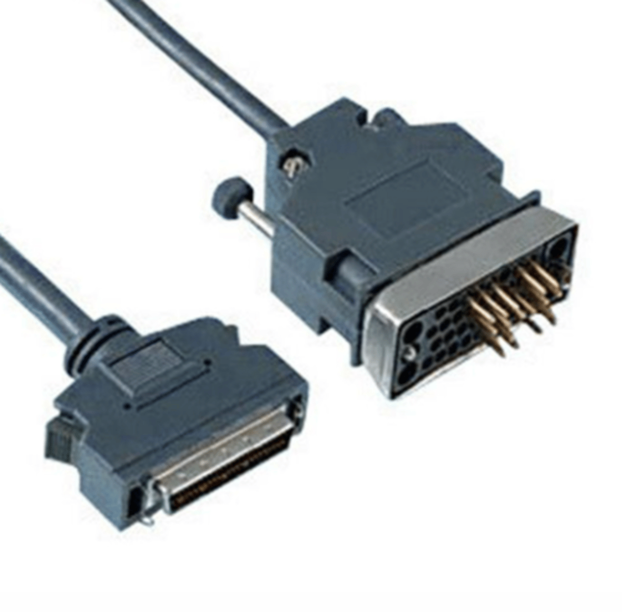 <p>The connector on the right connects with the router's serial card.</p><p>The connector on the left connects with the external CSU/DSU</p>