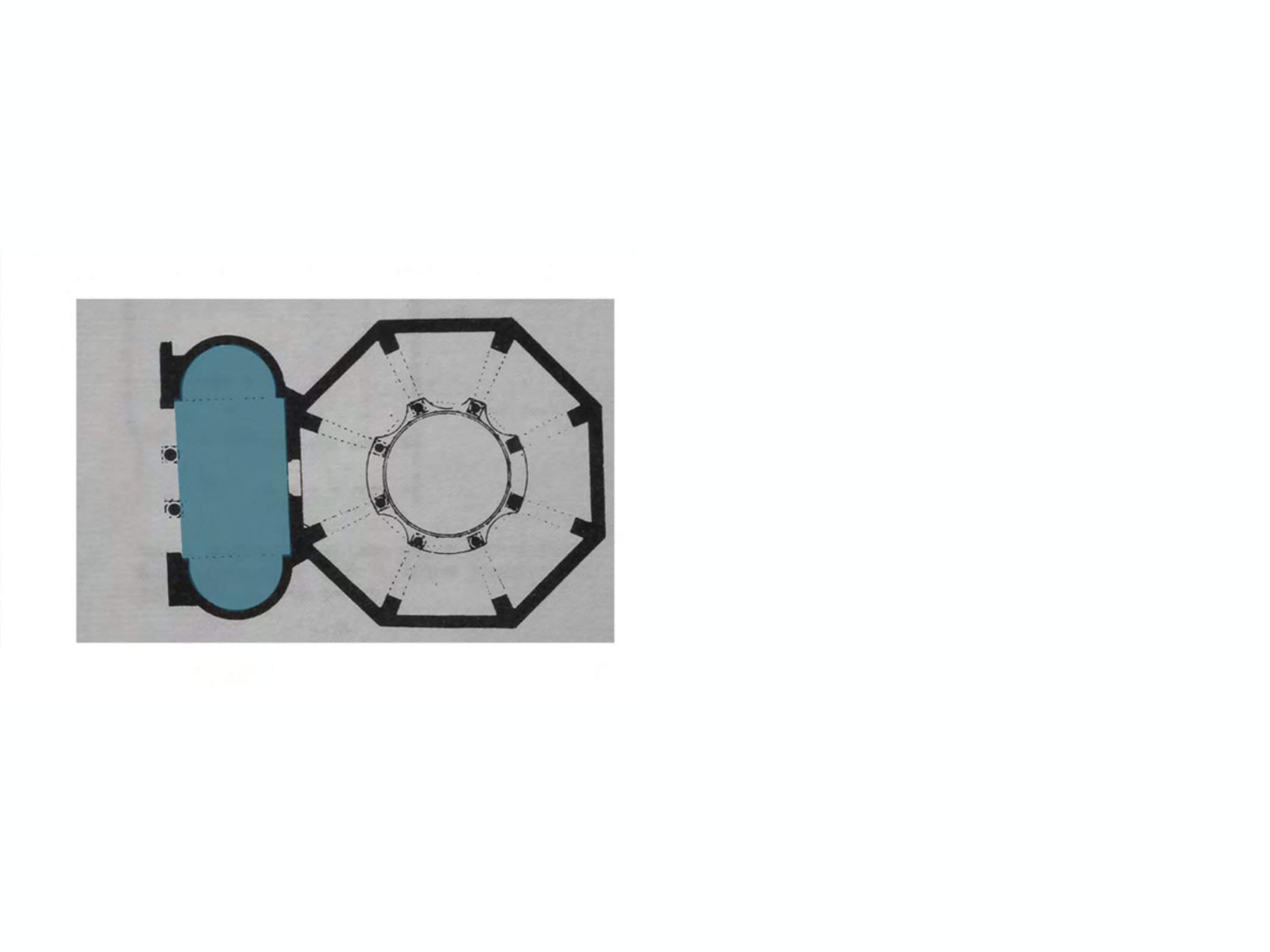 <p>The transverse vestibule either preceeding a nave and aisles as an inner narthex (esonarthex) or preceding the façade as an outer narthex (exonarthex). An esonarthex is separated from the nave and aisles by columns, rails or a wall. An exonarthex may also serve as the terminating transverse portico of a colonnaded atrium.</p>