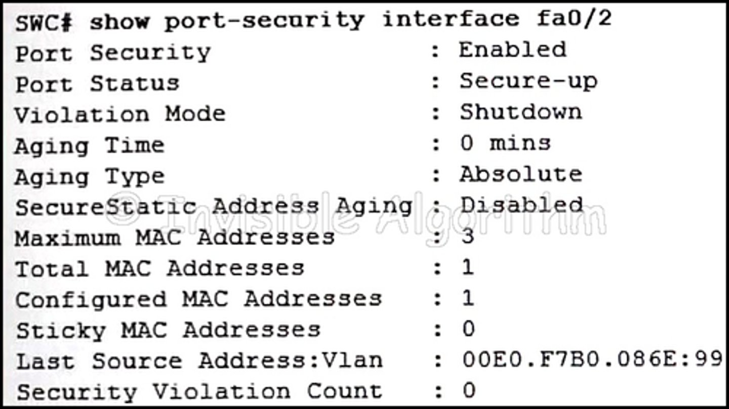 <p>Refer to the exhibit. The network administrator is configuring the port security feature on switch SWC. The administrator issued the command show port-security interface fa 0/2 to verify the configuration. What can be concluded from the output that is shown? (Choose three.)</p><p>a) Three security violations have been detected on this interface.</p><p>b) This port is currently up.</p><p>c) The port is configured as a trunk link.</p><p>d) Security violations will cause this port to shut down immediately.</p><p>e) There is no device currently connected to this port.</p><p>f) The switch port mode for this interface is access mode. [adef]</p>
