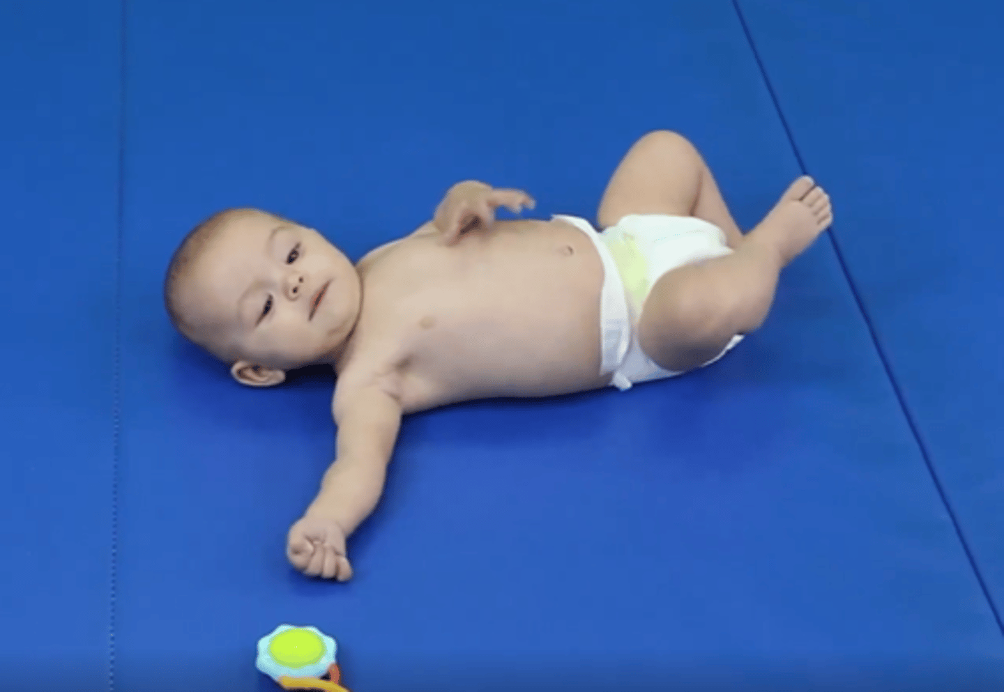 <p>1. Midline head orientation</p><p>2. Increased shoulder strength</p><p>3. Can bring hands together to midline</p><p>4. Can bring hands together to knees - Allows for roll to sideling, helps develop control of pelvic tilt </p>