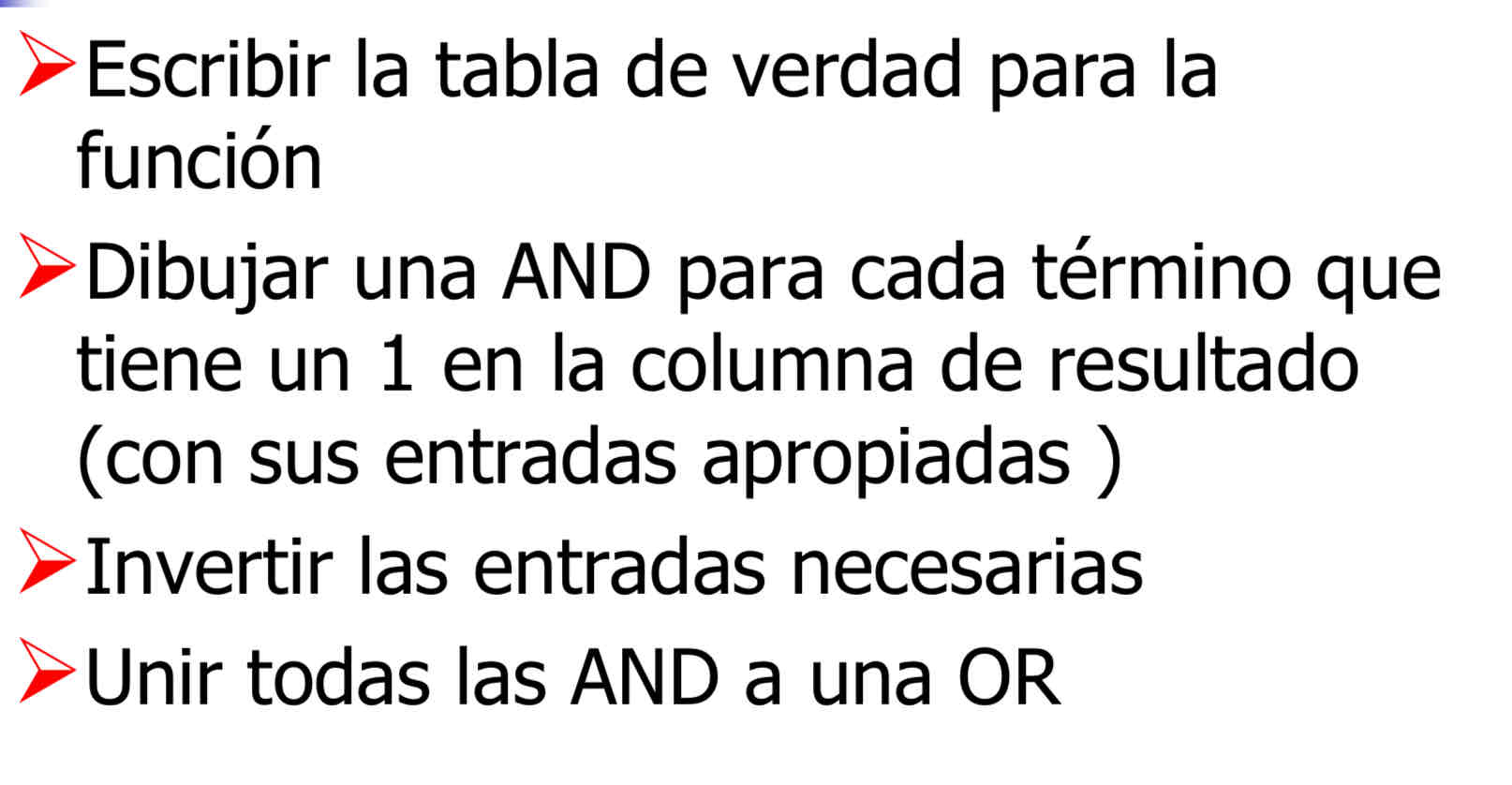 <p>Expresar funciones booleanas detallando las combinaciones de los valores a,b y c que hacen que la función valga 1. EJ: f(a,b,c)= ~a*b*~c + ~a*b*c + a*b*~c</p>