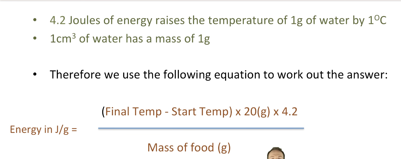 <ol><li><p>weigh food sample</p></li><li><p>place 20cm³ of water in a boiling tube</p></li><li><p>measure temp of water</p></li><li><p>light food and hold under boiling tube</p></li><li><p>continue until it no longer burns</p></li><li><p>stir water and measure final temp</p></li></ol><p></p>
