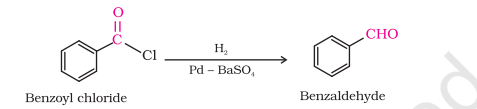 <ul><li><p><strong>Acyl chloride</strong> or <strong>acid chloride </strong>is hydrogenated in the presence of<strong> palladium catalyst</strong> supported over and <strong>partially poisoned by the addition of sulphur or barium sulphate (BaSO4)</strong></p></li><li><p>Formaldehyde cannot be prepared using this method because formyl chloride (HCOCl) is unstable at room temperature</p></li><li><p>BaSO4 and sulphur prevent aldehyde from being further reduced to alcohol</p></li></ul>