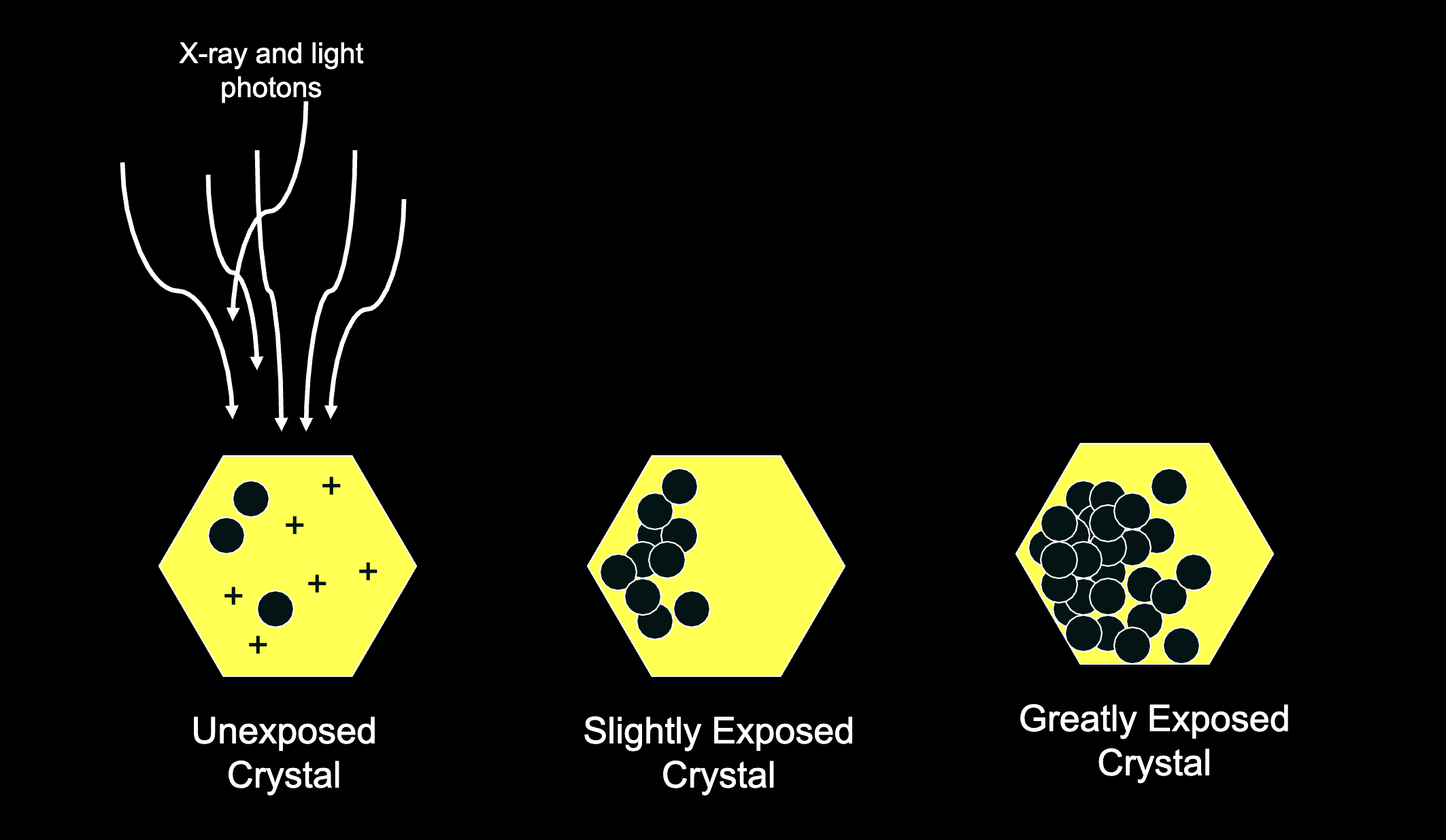 <p>What happens when a light photon interacts with the crystal according to the Gurney-Mott Theory of Latent Image Formation? <em>(Note the speck is the black dots)</em></p><p></p>