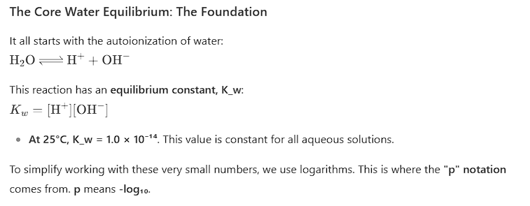 <ol><li><p>equation for autoionization of water (look in the picture)</p></li><li><p>the equation for the autoionization of water makes the equilibrium constant Kw. At 25C.</p></li></ol><p></p>