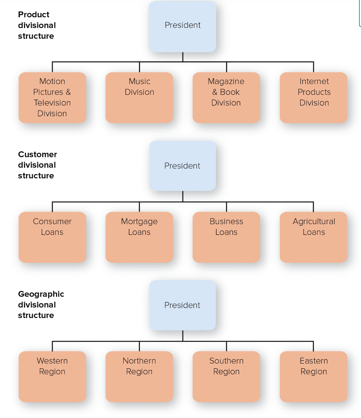 <p>people with diverse occupational specialties are put together in formal groups according to products and/or services, customers and/or clients, or geographic regions</p>