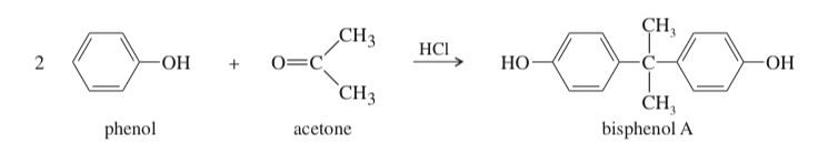 <p>(17.66)&nbsp;<span><em>Bisphenol A </em>is an important component of many polymers, including polycarbonates, polyurethanes, and epoxy resins. It is synthesized from phenol and acetone with HCl as a catalyst. Propose a mechanism for this reaction.</span></p>