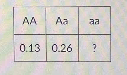 <p>For the table above, what is the frequency of the a allele? Enter as a decimal number rounded to the nearest 0.01</p>