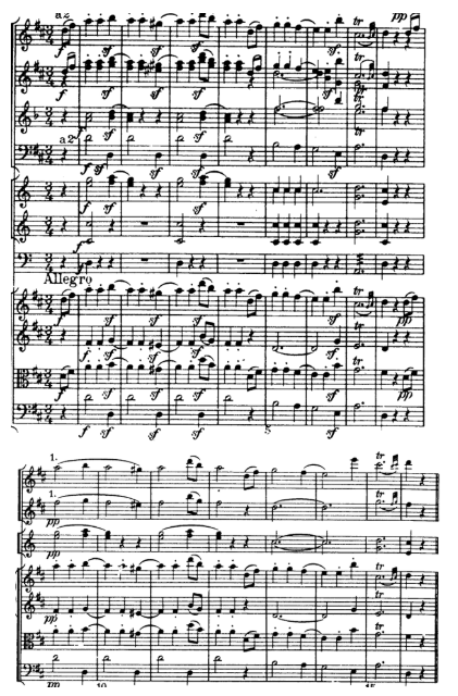 <p>16 bars long.</p><p>Antecedent and Consequent phrase (Period) 0<sup>3</sup> - 4<sup>2</sup>, 4<sup>3</sup> - 8<sup>2</sup></p><p>8<sup>3 </sup>- 16 is not exact repeat of 1-8</p><p>Ends in the tonic key of D major.</p>