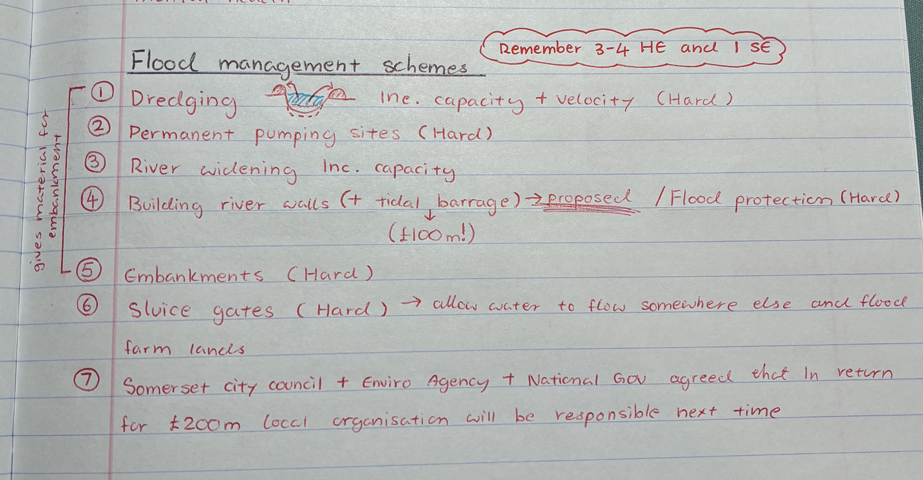 <ul><li><p>dredging → inc. capacity + velocity&nbsp;</p></li><li><p>Building river walls (proposed) + tidal barrage £100m!&nbsp; → contains water within river + prevent soil erosion at banks</p></li><li><p>Embankments&nbsp;</p></li></ul><p></p>
