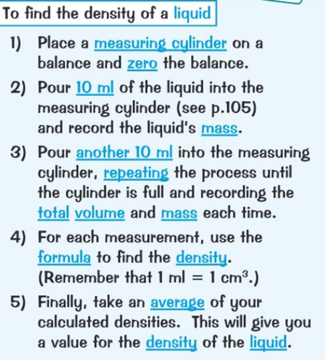 <p>1) Place a measuring cylinder on a balance and set it to zero</p><p>2) Pour 10ml of the liquid into the measuring cylinder, record the mass</p><p>3) Continue until you reach the maximum of the cylinder (10ml)</p><p>4) For each measurement, use the density.</p><p>5) Finally take an average of all your calculated density.</p>
