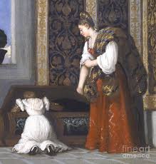 <p>Venus of Urbino</p><p>Titian c. 1538, oil on canvas (first one of 250)</p><p>10-15 layers of paint </p><p>Emphasis of color and contrast — slightly shortened </p><p>Servants in the background </p><p>Generic, idealized female form — hand placement alludes to modesty but suggests masterbation </p><p>Commemorates the marraige or their sexual maturity — dog represets responsibility and innosence — wearing a flower crown and blonde hair represents a marraige tradition</p>