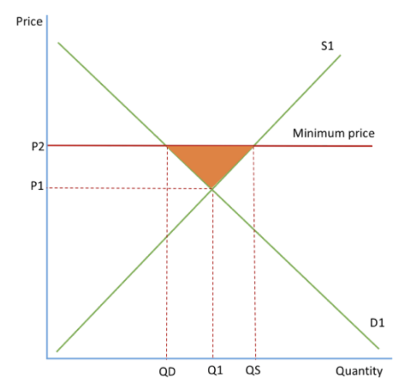 <p>a min price is a legally imposed price at which the price of the good cannot go below. set on goods w negative externalities so that the price is raised and consumption is discouraged. </p><p>for a min price to have a effect it must be set ABOVE the current price equilibrium.</p><p>on diagram- with min price set, QD is demanded but QS is supplied so there is excess supply of QS-QD (shaded area).</p>