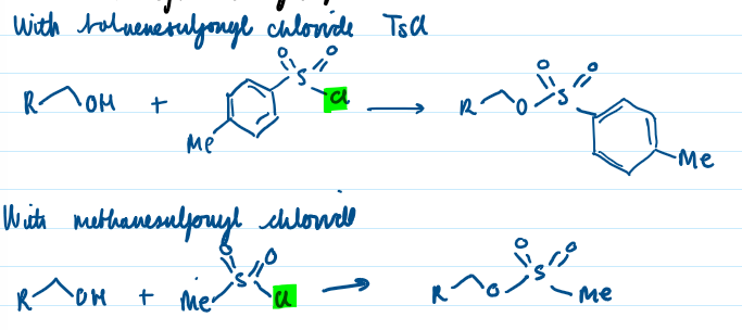<p>Alcohols converted to sulfonate esters which can undergo SN2 (OH on alcohol bad leaving group with high pKaH, replace the H on OH with something else) through treatement with base, reacting with sulfonyl chloride where chloride leaves the molecule and sulfonate ion bonds to the O of the OH group. Toluenesulfonyl chloride and methanesulfonyl chloride usually used. Sulfonate ion now is a better leaving group so can undergo SN2 reactions.</p>