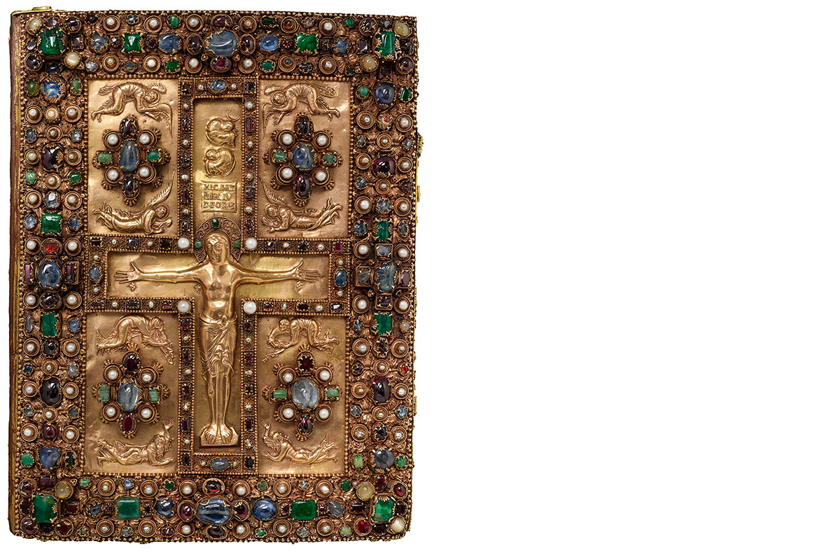 <p><span>Saint Gall, Switzerland. Front cover of folio with gold, precious stones, and pearls, h. 1’1”. New, York, J. Pierpont Morgan Library, c. 870-890</span></p>