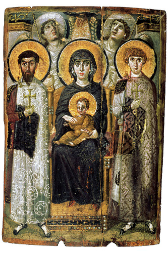<p>Byzantine. roman facial modeling. direct connection between god, mary and Jesus. ( hand of God shining a light onto them). Mary is REGAL not maternal.</p>