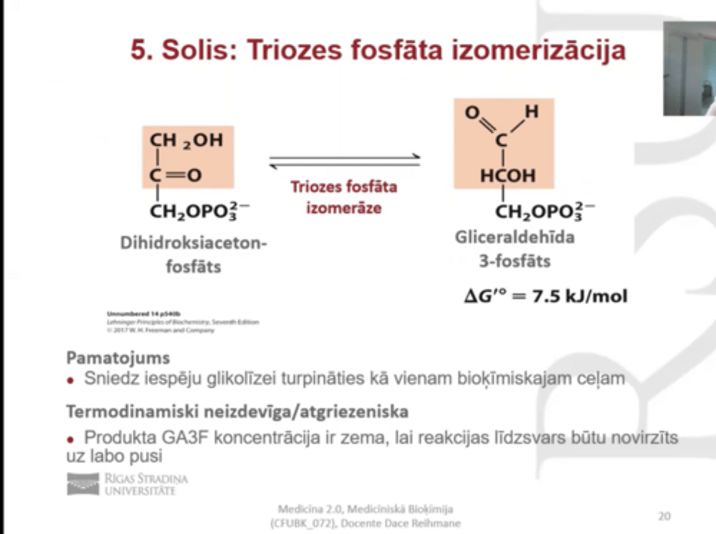 <p>Triozes fosfāta izomerizācija</p><p>dihidroksiacetonfosfāts--> gliceraldehīda3- fosfāts</p><p>Enzīms- triozes fosfāta izomerāze</p><p>Termodinamiski neizdevīga un atgriezeniska</p><p>produkta koncentrācija ir zema lai līdzsvars uz labo pusi</p>