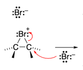 <p>Triangle with +Bromine attached to both alkene carbons (Bromonium ion)</p>