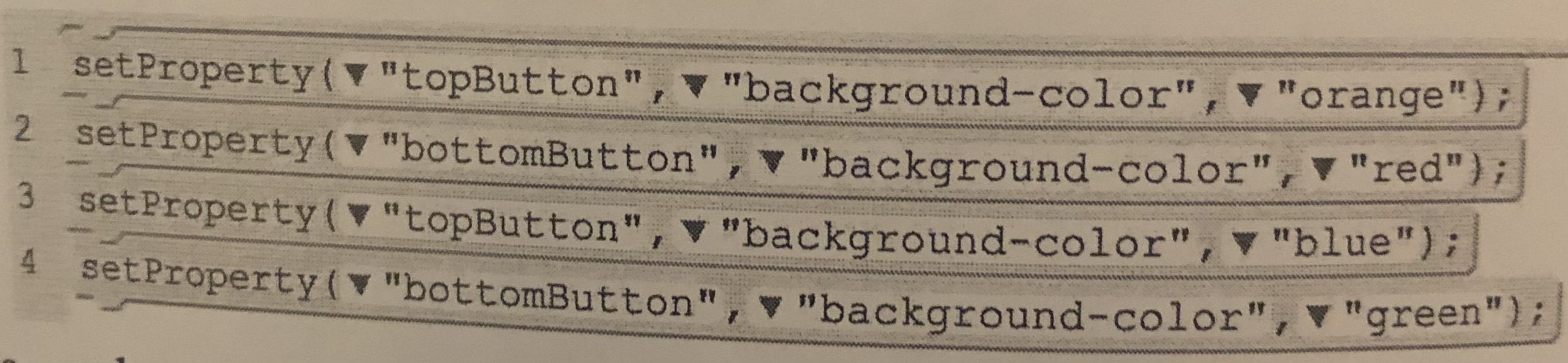 <p>What will the “background-color” of the “topButton” be when the program is finished running?</p><p>A.) red</p><p>B.) orange</p><p>C.) blue</p><p>D.) green</p>