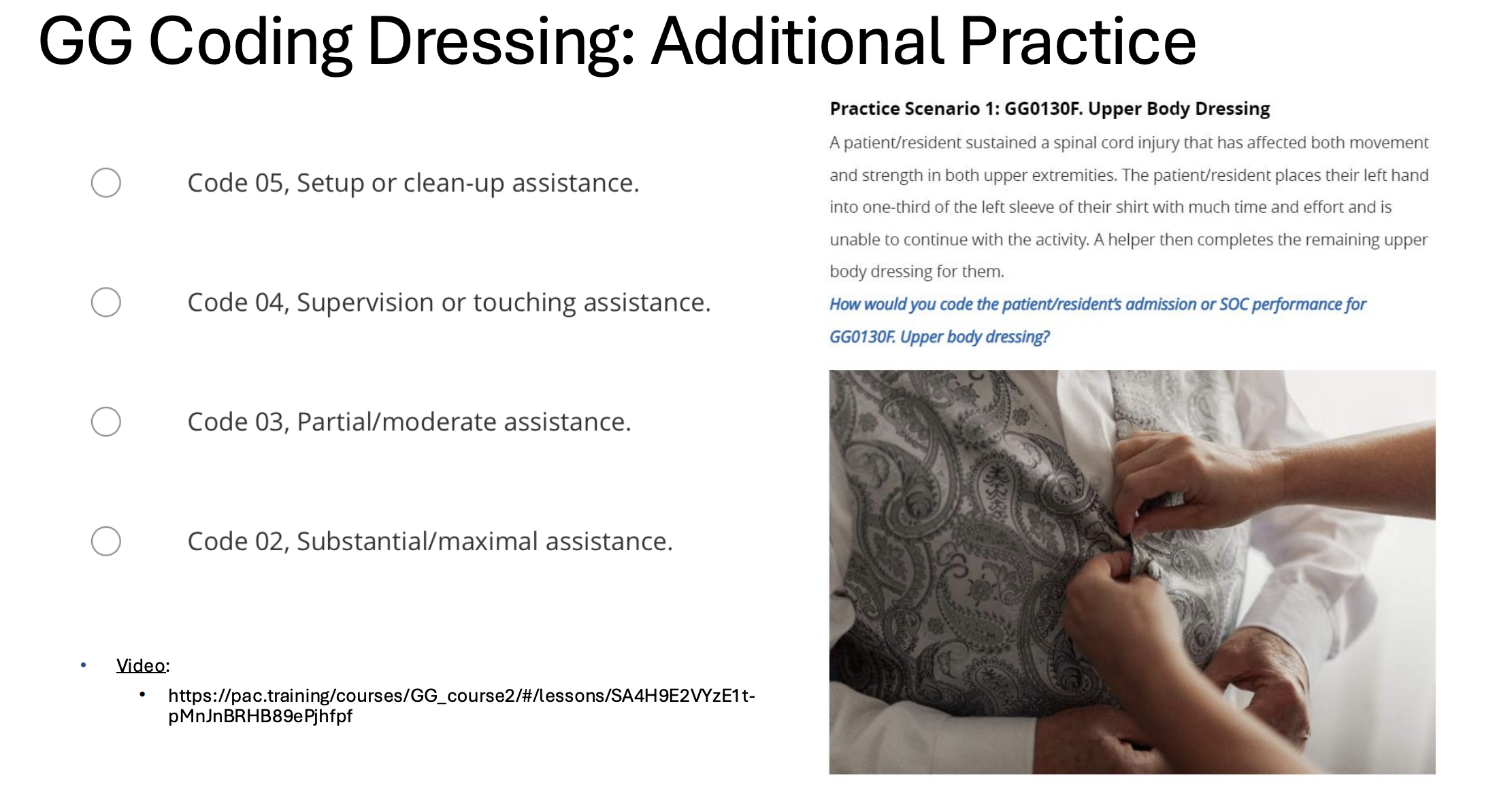 <ul><li><p><strong><u>***be able to identify qualifier for and describe “GG Scores” (i.e., what does setup or cleanup assistance count as, what is partial/moderate assistance, what is dependent, etc.)</u></strong></p></li></ul><p></p>