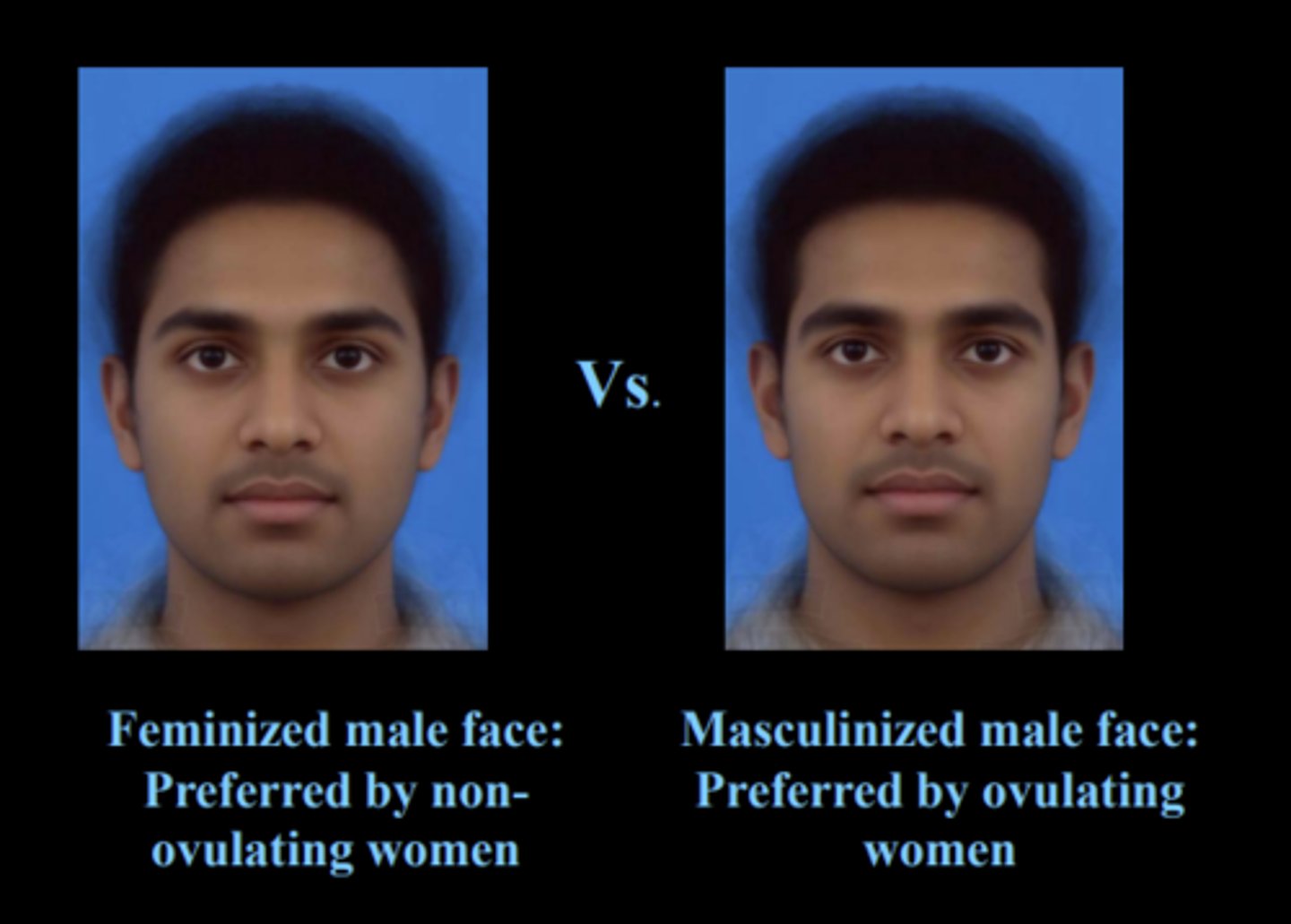 <p>feminine faces - preferred by babies and non-ovulating women<br><br>masculinized faces - preferred by ovulating women</p>