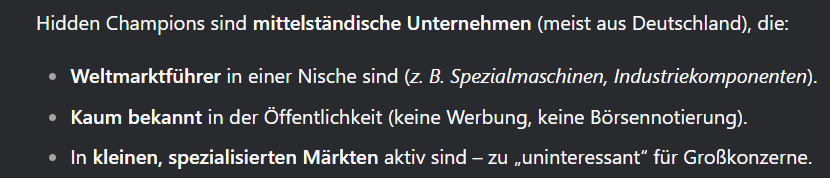 <p><strong>Typische Merkmale: Innovation &amp; Technologieführerschaft, Extreme Kundennähe, Fachkräfteausbildung, Anpassungsfähigkeit</strong></p>