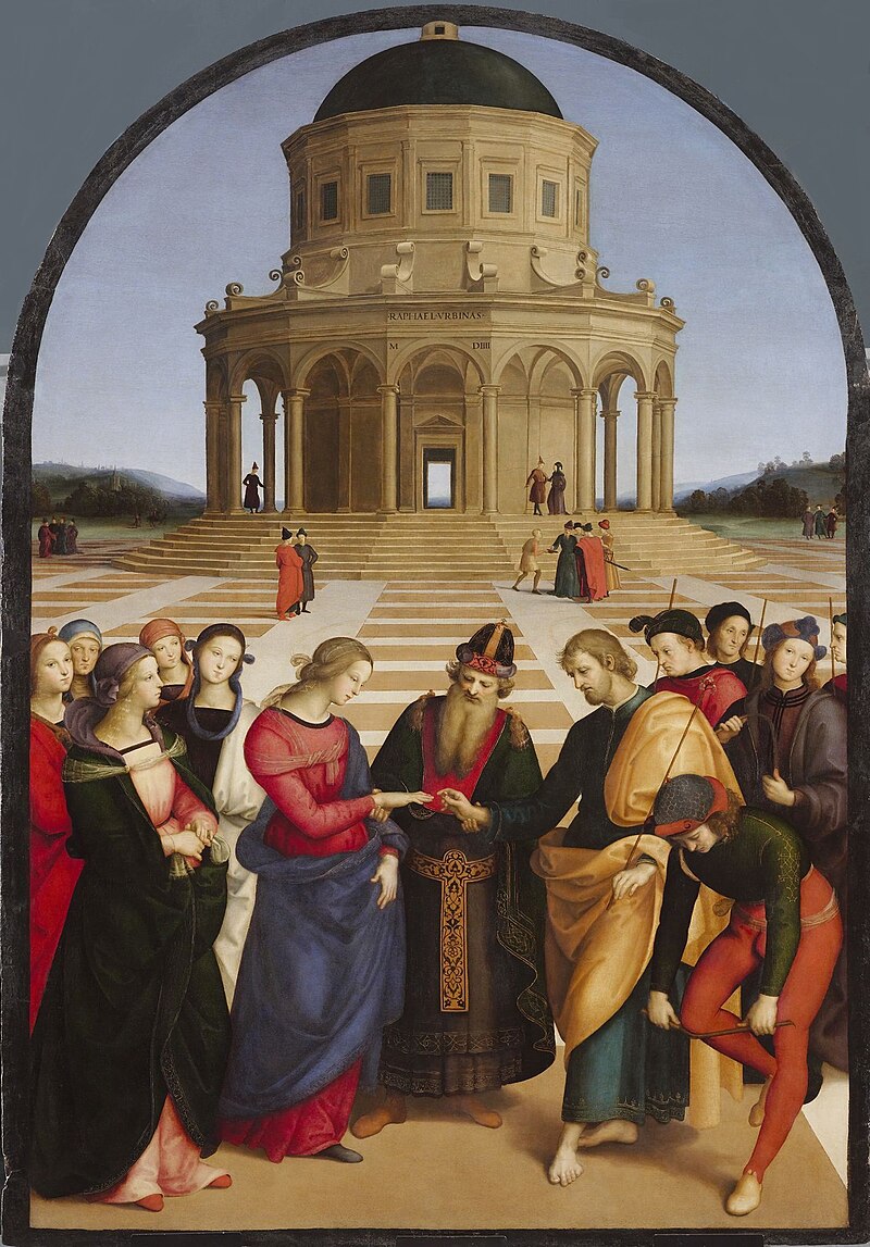 <p>Who was the uncle of Raphael who designed the temple that the artist modelled in this piece?</p>