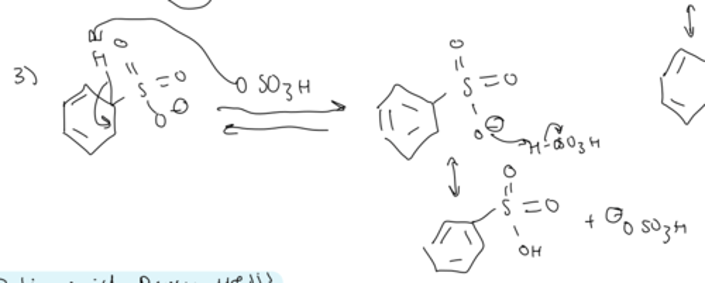 <p>- deprotonation by HSO4 regenerates the aromaticity</p><p>- protonation of one of the oxygens gives the final product</p>
