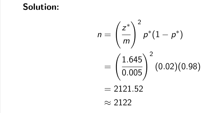 <p><span>this tells us we should use p*= 0. 02</span></p><ul><li><p><span>We see that we would be taking a much larger sample if we used</span></p><p><span>p* = 0.5.</span></p></li></ul><p></p>