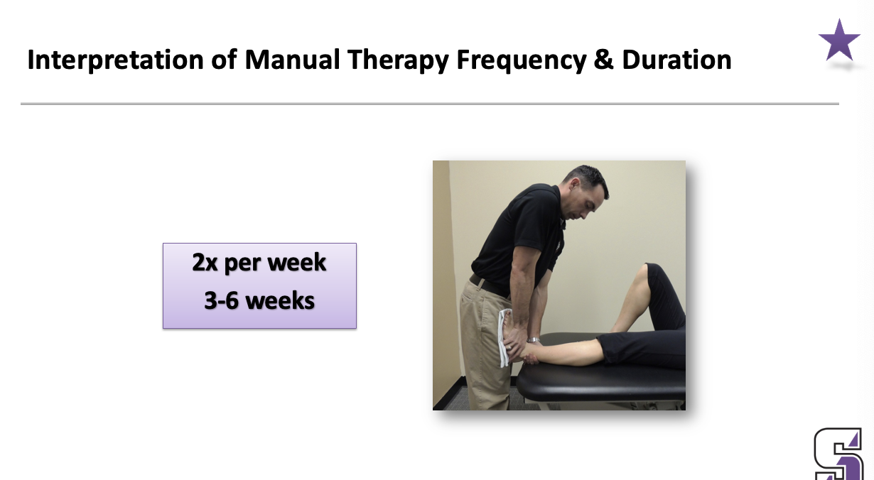 <p><span><strong>2x per week</strong></span></p><p><span><strong>3-6 weeks</strong></span></p><p><span><strong>______</strong></span></p><p><span>This is the actual answer for the past slide. This is for MANUAL THERAPY ONLY</span></p><p style="text-align: left;"><span>Only need about 10-12 visits of manual therapy</span></p>