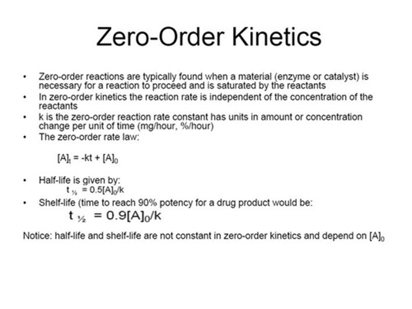 <p>[drug] decreases linearly with time; rate of degradation is constant; rate of elimination is independent of [drug]; plot [drug] vs. time is linear; no true t 1/2.</p>