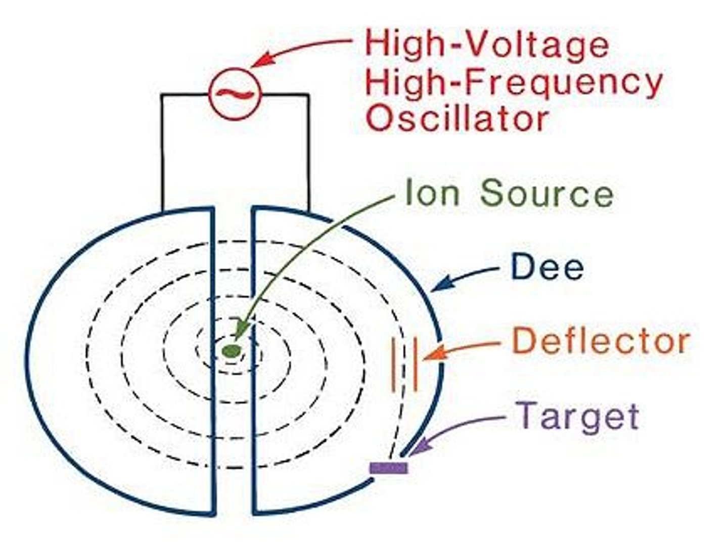 <p>ions are injected at point near the centre. AC potential difference between the 'dee' shaped electrodes accelerate the particles. a magnetic field causes the particles to move in a circular path. when particle crosses from one dee to another it accelerates. after each acceleration the particles moves to a slightly larger orbit. then extracted once it reaches the outer edge.</p>