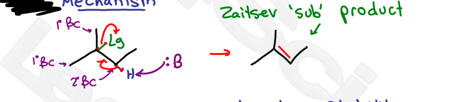 <p>Which mechanism?</p><p><mark data-color="yellow" style="background-color: yellow; color: inherit">no C+ (carbocation intermediate), pi bond between alpha and more substituted beta carbon</mark></p>