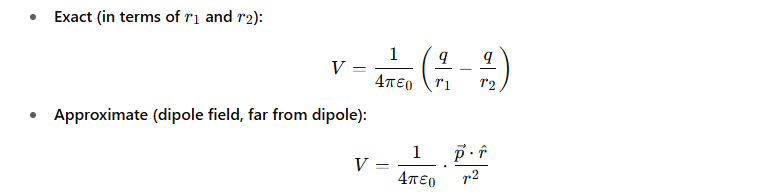 <p>r<sub>1​ </sub>and r<sub>2</sub> = the distances from the dipole charges to the point <strong>P</strong>.</p>