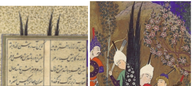 <ul><li><p><span style="background-color: transparent;"><span>Includes really old writing → a poem, preference for poetry over prose</span></span></p></li><li><p><span style="background-color: transparent;"><span>How many zones of meaning are in this painting? → like a kaleidoscope, so many facets of meaning that are interlocked/overlayed to create a composite of word, image, figural representation, and pattern</span></span></p></li></ul><p><span style="background-color: transparent;"><span>The subconscious by which this is done is summarized in the </span><strong><span>Tree-tops extending into the hashiya border</span></strong></span></p><ul><li><p><span style="background-color: transparent;"><span>You have 4 little tops of trees that are somehow extending in front of and behind flat forms of representation</span></span></p><ul><li><p><span style="background-color: transparent;"><span>Tells us there is extreme self-consciousness at work here</span></span></p></li></ul></li></ul><ul><li><p><span style="background-color: transparent;"><span>Like the other kind of image in the garden, there is a great sense of </span><strong><span>exclusion,</span></strong><span> a whole other cluster of people around the portal to garden</span></span></p><ul><li><p><span style="background-color: transparent;"><span>Even once you are inside the place, there are so many different zones and barriers you need to cross to reach the barrier that holds the king</span></span></p></li></ul></li></ul><p></p>