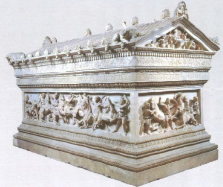 Alexander sarcophagus<br />Battle and hunting scenes with Abdalonymus of Sidon and Alexander<br />Sidon, 325-311 BCE<br />Istanbul Archaeological Museum