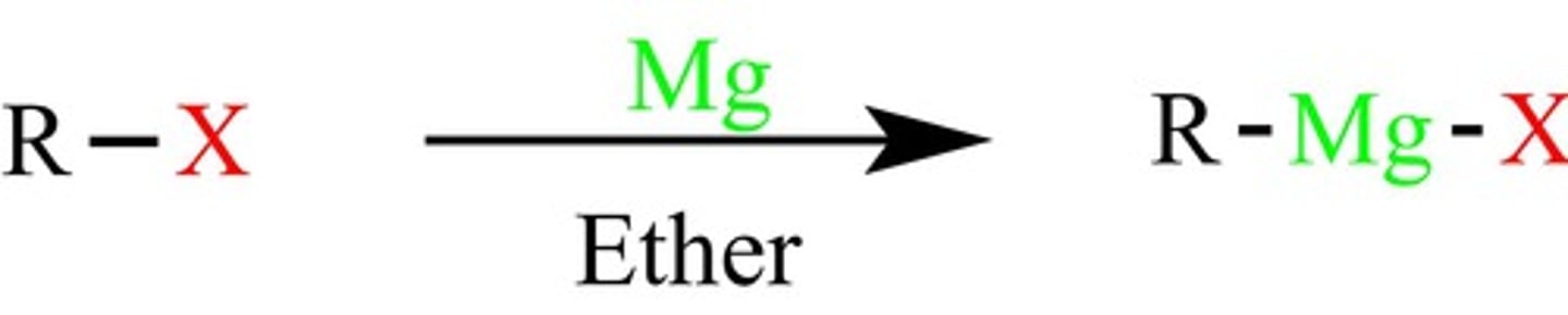 <p>An alkyl magnesium halide that converts carbonyls to alcohols by adding alkyl groups (forms C-C bonds)</p>