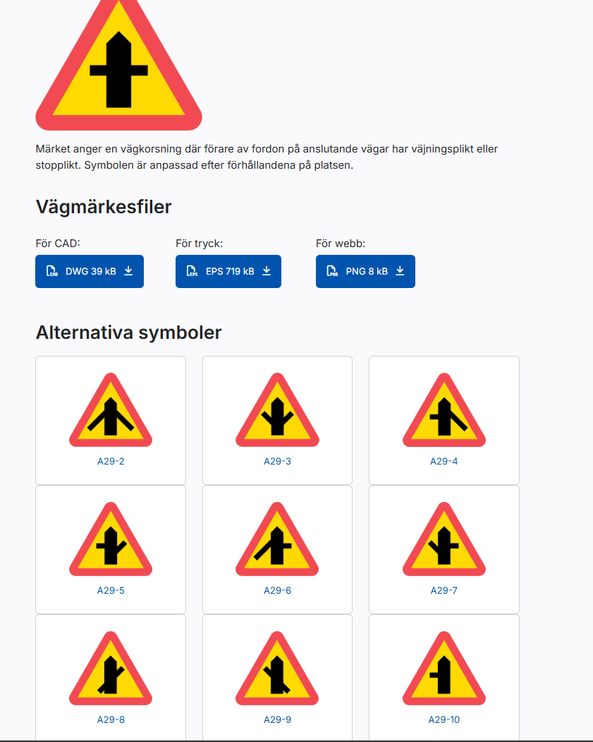 <p>Varning för vägkorsning där trafikanter på anslutande väg har väjningsplikt eller stopplikt (A29)</p>