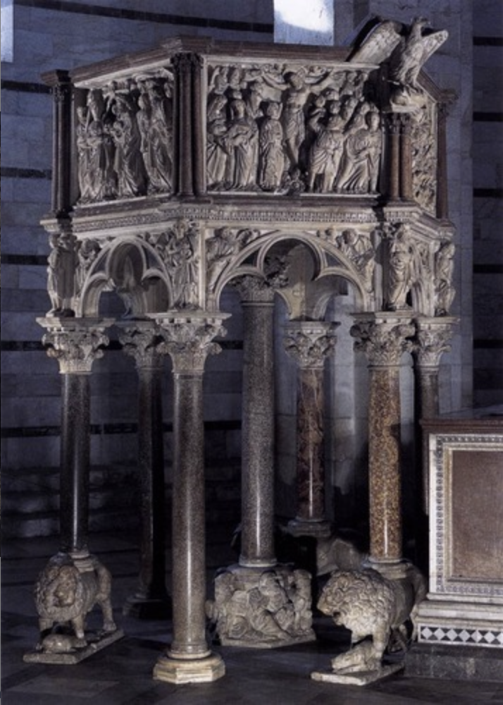 Carries on medieval traditions (like the three rung arches), along with classical elements (the arches are round rather than pointed like in gothic styles, the figures could derive from roman sarcophagi/relief sculptures)