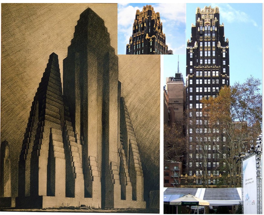 American Radiator Building
steel frame cladded in black bricks to reduce the contrast between the dark window hollows and the walls
golden finials capping each structural bay repeat the geometry of the tower’s stepped forms