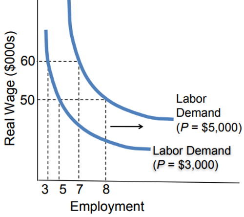 <p><span style="font-family: &quot;Open Sans&quot;, sans-serif">Demand for labour shifts to the right&nbsp;</span></p><ul><li><p><span style="font-family: &quot;Open Sans&quot;, sans-serif">There is a separate demand for labour curve for each possible output price&nbsp;</span></p></li></ul><p><span style="font-family: &quot;Open Sans&quot;, sans-serif">An increase in the price of workers' output increases the demand for labour</span></p>