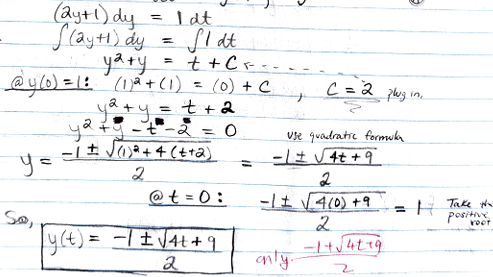 <p>y(t)= (-1± sqrt(4t+9))/2</p>